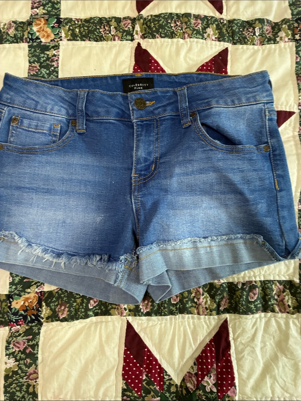 Celebrity Pink Light Blue Frayed Hem Denim Shorts